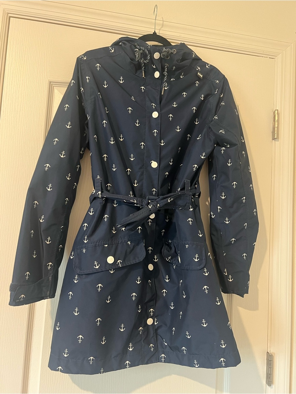 Helly Hansen Navy and White Anchor Hooded Rain Jacket